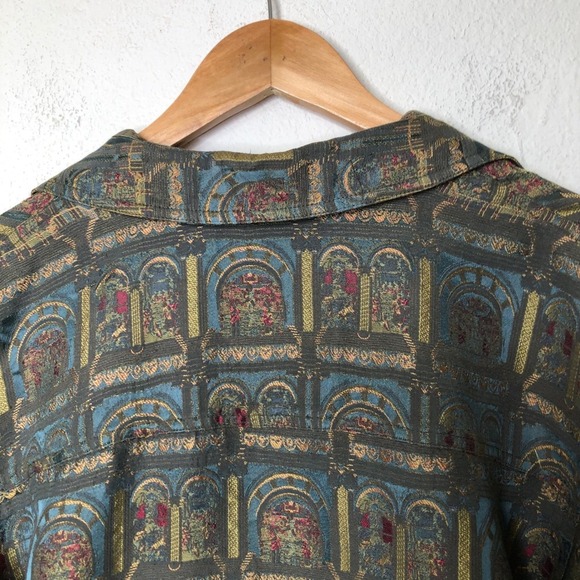 Vintage Chico's Silk Blend Button Up Top Jacket Small Green Blue Gold Pattern - Picture 13 of 15